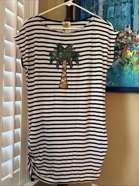 Striped Palm Tree Sequin Tee - Black & White